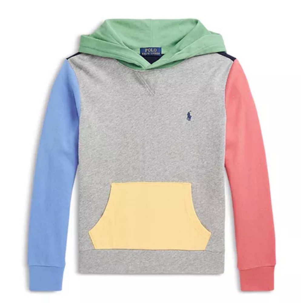 Polo Ralph Lauren Hoodie Colorblock Blue Gray Yellow Pullover Sweatshirt L 14 16